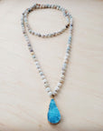 Frosted Amazonite Long Beaded Necklace with Agate Pendant 260o