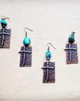 Copper Cross Earrings w/ Blue Turquoise Chunks 225e