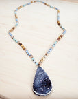 Amazonite & Crystal Long Beaded Necklace w/ Druzy Pendant 262u