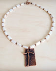 Rectangle Freshwater Pearl & Copper Necklace w/ Antique Cross Pendant 264a