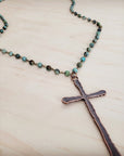 Genuine African Turquoise Long Beaded Necklace with Antique Copper Cross 262y