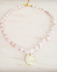 Rose Quartz Collar Necklace w/ Gold Coin Charm 263h