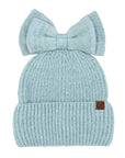 Sequin Ponytail Beanie with Top Bow - Light Blue