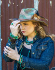 **Wide Dark Leather Cuff with Natural Turquoise Chunks 011y