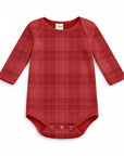 Red Plaid Baby Bodysuit In Soft Cotton Rib - Holiday One Piece