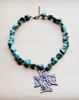 Chunky Blue Green Turquoise Collar Necklace w/ Cross Pendant 259u