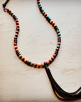 **Multi-Colored Turquoise Necklace with Wood Beads & Leather Tassel 236B