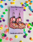 Cheshire Cat Hand Painted Wood Dangle Earrings