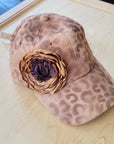 Hand-Painted Leopard Suede Baseball Cap w/ Flowers Tan 986L