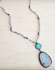 Amazonite & Crystal Long Beaded Necklace w/ Large Jasper Pendant 262q