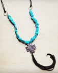 **Chunky Magnesite Beaded Cross Necklace w/ Leather Tassel 258j