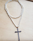 Extra Long Pearl Beaded Necklace w/ Copper Cross 260m