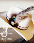 White Turq, Peacock Feather, & Leather Hat Band (Band Only) 980v