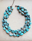 Large Triple Strand Blue Turquoise & Copper Collar Necklace 259d