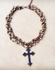 Natural Agate Beaded Collar Necklace w/ Cross Pendant 261d