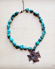 Chunky Blue Green Turquoise Collar Necklace w/ Cross Pendant 259u