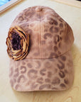 Hand-Painted Leopard Suede Baseball Cap w/ Flowers Tan 986L