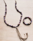 **Frosted Marble Jasper Necklace w/ Wood Beads & Leather Tassel 258b