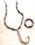 **Frosted Marble Jasper Necklace w/ Wood Beads & Leather Tassel 258b