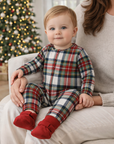 Plaid Baby Christmas Zipper Romper With Convertible Cuffs