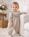 Embroidered Wildflower Linen Baby Romper With Lace Trim