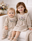 Embroidered Wildflower Linen Baby Romper With Lace Trim