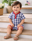 Picnic Plaid Bamboo Henley Shortall Romper for Baby Boys