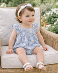 Baby Girl Blue Floral Bubble Romper – Cotton Linen Sunsuit