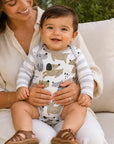 Puppy Dog Print Baby Bodysuit – Cotton Stripe Sleeve