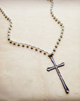Pearl Long Beaded Necklace with Antique Copper Cross 255t