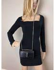 Saint Laurent Black Leather Sunset Wallet on a Chain Crocodile Embossed Bag