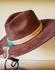 **Boho Western Felt Hat w/ Choice of Leather Hat Band w/ Turquoise Slab-Brown 980h
