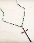 Genuine African Turquoise Long Beaded Necklace with Antique Copper Cross 262y