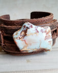 Genuine Leather Wide Cuff Bracelet w/ Aqua Terra Slab 006a