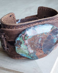 Genuine Leather Wide Cuff Bracelet w/ Ocean Agate Slab 004C