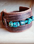 Genuine Leather Wide Cuff Bracelet w/ Natural Turquoise Chunks 006p