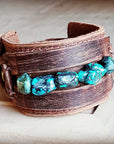 Genuine Leather Wide Cuff Bracelet w/ Natural Turquoise Chunks 006p