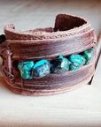 Genuine Leather Wide Cuff Bracelet w/ Natural Turquoise Chunks 006p