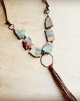 Aqua Terra Slab Necklace with Copper Hoop and leatherFringe Tassel 240r