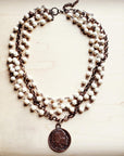 White Turquoise Collar-Length Necklace w/ Indian Buffalo Coin 227Y