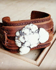 Genuine Leather Wide Cuff with White Turquoise Slab 230Y