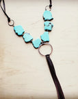 Blue Turquoise Slab Necklace with Long Leather Tassel 226G