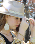 **Leather Teardrop Earrings White Gold Gator w/ Matte Gold Hoop 210w