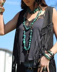 **Wide Dark Leather Cuff with Natural Turquoise Chunks 011y