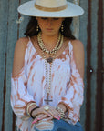 White Turquoise Long Beaded Necklace with Antique Copper Cross 255s
