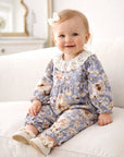 Blue Floral Vintage Linen Baby Romper With Lace Collar