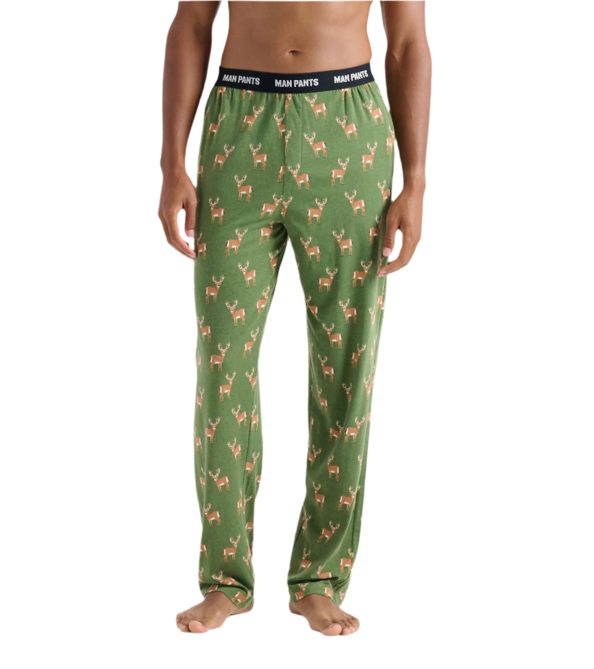 This image features a pair of festive, green pajama pants adorned with a playful reindeer pattern and a holiday-themed waistband. The pants are crafted from a comfortable and stretchable fabric, ensuring both warmth and ease of movement during wear.