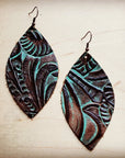 **Leather Oval Earrings Turquoise Brown Floral 203c