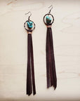 Turquoise Drop Earrings w/ Brown Leather Tassel 203z