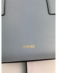 Versace Virtus Top Handle Grained Calfskin Light Blue Tote